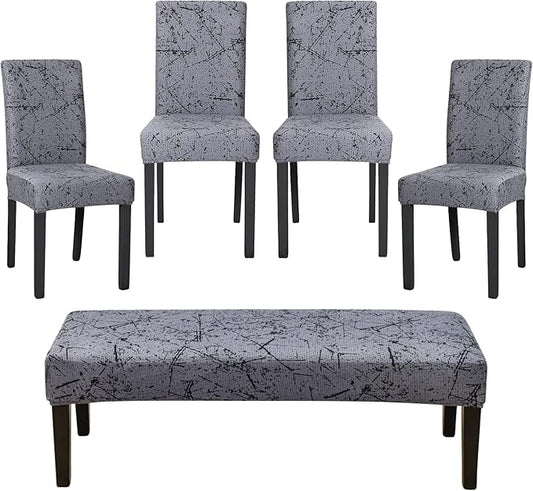 FORCHEER Dining Room Chair Covers Set of 4 with 1 PC Bench Cover Stretch Washable Printed Chair Slipcover for Parsons Removable Chair Protector （Printed Color 9）