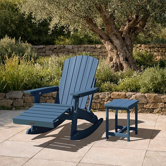Adjustable Adirondack Rocking Chair Set of 4 with Retractable Ottoman Footrest, 4-in-1 Foldable HDPE Outdoor Rocker, Weather Resistant Adirondack Chair for Porch, Garden & Poolside, Navy Blue