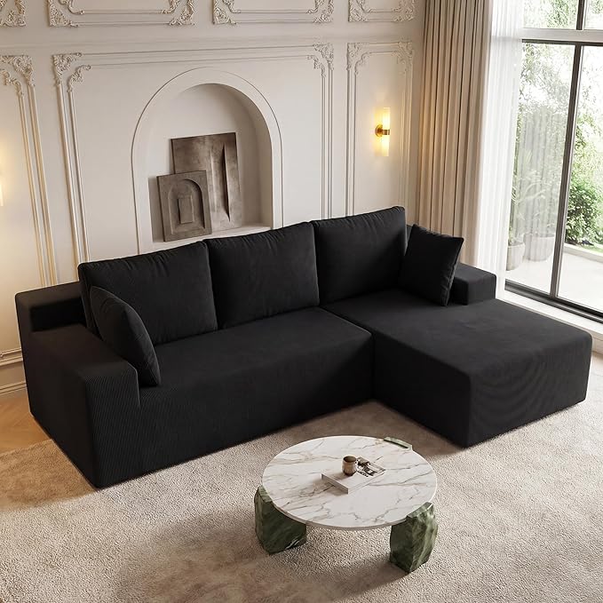 GRUSIGN Cloud Sectional Boneless Couches for Living Room, Modular L Shaped Couch with Deep Seat Oversized Right Facing Chaise, Memory Foam Compressed Spineless Sofa for Bedroom, Fine-Striped Black