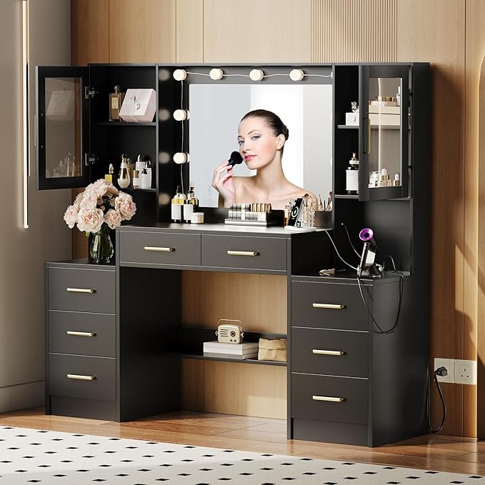 TOKSOM Black Vanity Desk with Mirror, Lights & Charging Station, 58.3" 3 Lighting Modes Makeup Desk with 8 Drawers, 2 Cabinets and Lots Storage, Dressing Table Vanity Set with Lighted Mirror