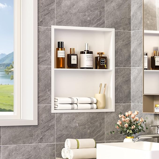 14x18 Recessed Medicine Cabinet, Bathroom Wall Cabinet, 304 Stainless Steel Recessed Wall Niche with 2-Tiers Shelves, Matte White
