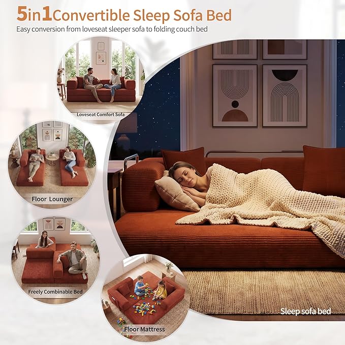 78.8" Convertible Sofa Bed with Armrest Pillow, 4-in-1 Sleeper Couch Bed for Livingroom, Modular Corduroy Boneless couches, No Assembly (Orange)