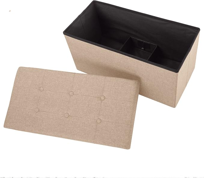 Lavish Home Folding Storage Ottoman - 30-Inch Tufted Footrest, Linen Chest, or Bench with Removable Bin for Living Room, Bedroom, or Dorm (Beige)