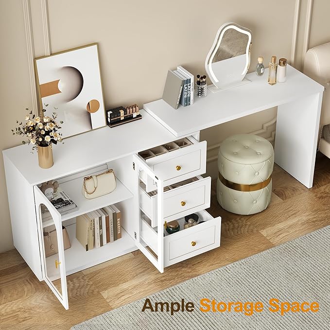 RoyalCraft 83” Large Makeup Vanity Desk, White Corner Vanity Table with 3 Drawer & 2 Door, Modern Extendable Dressing Table, Vanity Dresser Combo for Bedroom, Dressing Room (Without Mirror)