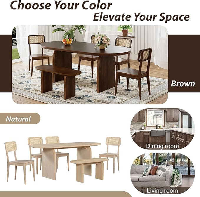 Merax 6 Pieces Modern Dining Set for 6, 71" Oval Rubberwood Dining Table with Bench and 4 Rattan Backrest Chairs for Dining Room, Living Room, Kitchen, Brown