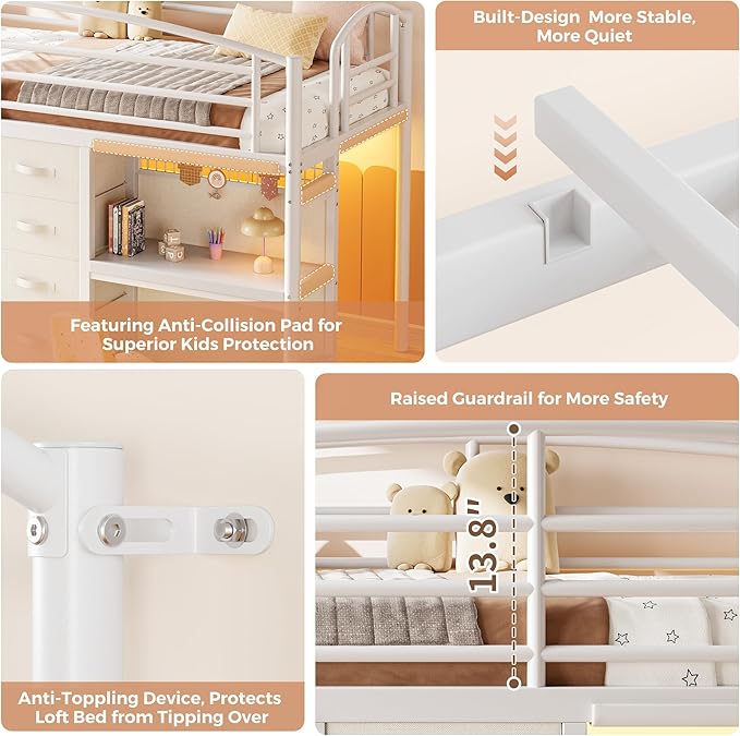 Twin Low Loft Bed with Desk, 7 Storage Drawers & LED Lights, Kids Metal Loft Bed with 12" H Safety Guardrail, Underbed Play Space & Curtain, Anti-Collision Pad (White)