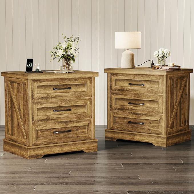AODK 24 Inch Farmhouse Nightstand Set of 2, Bedside Tables with Charging Station, Large End Tables with 3 Drawers, Rustic Night Stands with Outlet and USB for Bedroom& Living Room, Light Walnut