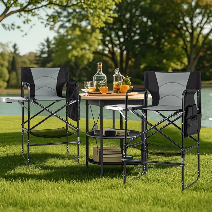 COSTWAY 46" Tall Directors Chair, Folding Makeup Artist Chair with Foldable Side Table & Footrest, Extra Cup Holder, Bottom Mesh Bag & Storage Pocket, Camping Chair for Lawn & Yard, Black+Gray