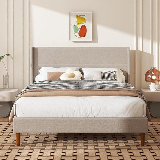 Queen Size Bed Frame, Linen Upholstered Platform with Wingback Headboard, Wooden Slats Support, No Box Spring Needed, Easy Assembly, Beige