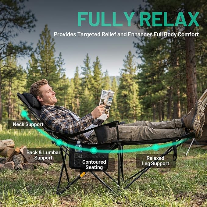 Overmont Reclining Camping Chair with Footrest - 4-Position Adjustable Backrest Lightweight Folding Lounge Chair for Adults with Pillow Carry Bag - Support 300LBS Portable for Outdoor Beach Lawn Patio