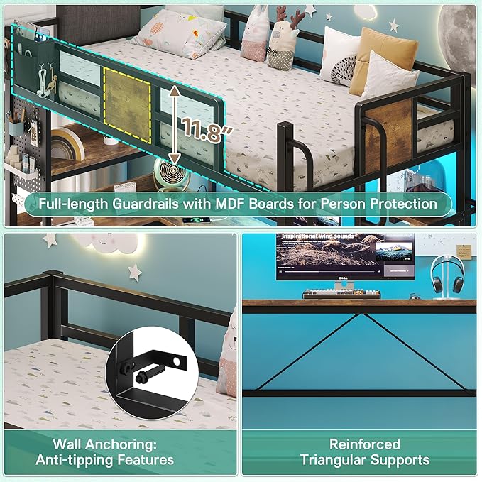 BYSAUD Twin Loft Bed with Desk and Storage, Metal Bunk Bed with 5 Drawers and 2 Pegboards, Heavy Duty Loft Bed Twin Size with LED Lights and Charging Station for Teens Adults, Noise Free, Brown