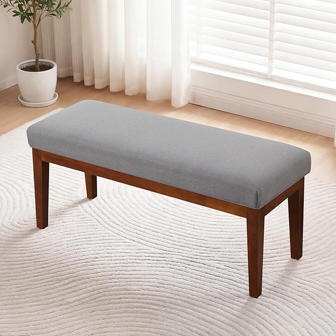 43.5" Upholstered Bedroom Bench, Linen Entryway Bench with Solid Wood Legs, End of Bed Bench with Cushion, Dining Bench for Living Room, Bedroom, Hallway, Light Grey