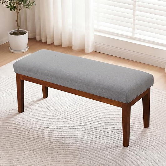 43.5" Upholstered Bedroom Bench, Linen Entryway Bench with Solid Wood Legs, End of Bed Bench with Cushion, Dining Bench for Living Room, Bedroom, Hallway, Light Grey