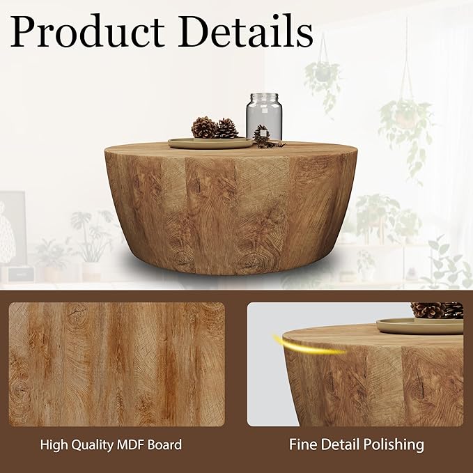 30" Round Coffee Table, Drum Coffee Tables for Living Room, Vintage Reversible Wooden Coffee Table, Mid Century Modern Center Table Tea Table for Bedroom or Office, No Need Assembly