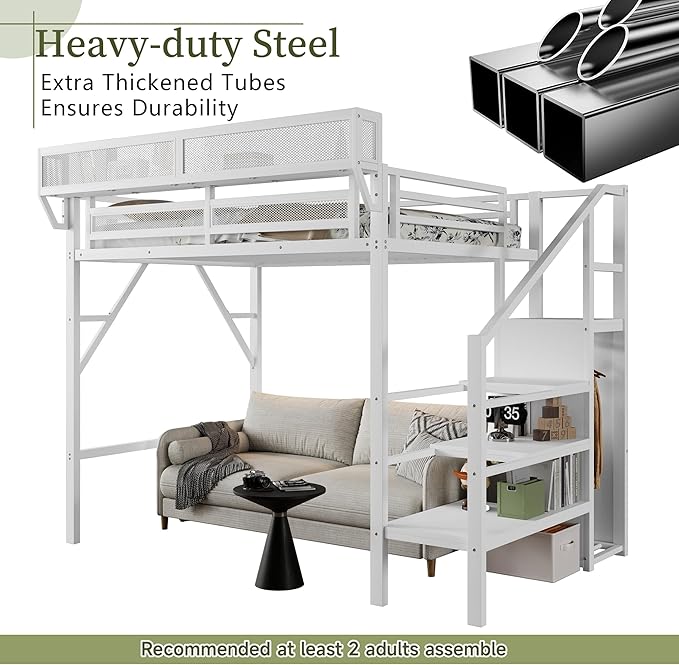 Mirightone Twin Size Loft Bed with Stairs and Storage, Metal Loft Bed Frame with A Shelf and Large Under-Bed Space, Heavy-Duty Loft Beds for Kids Boys Girls Teens, White