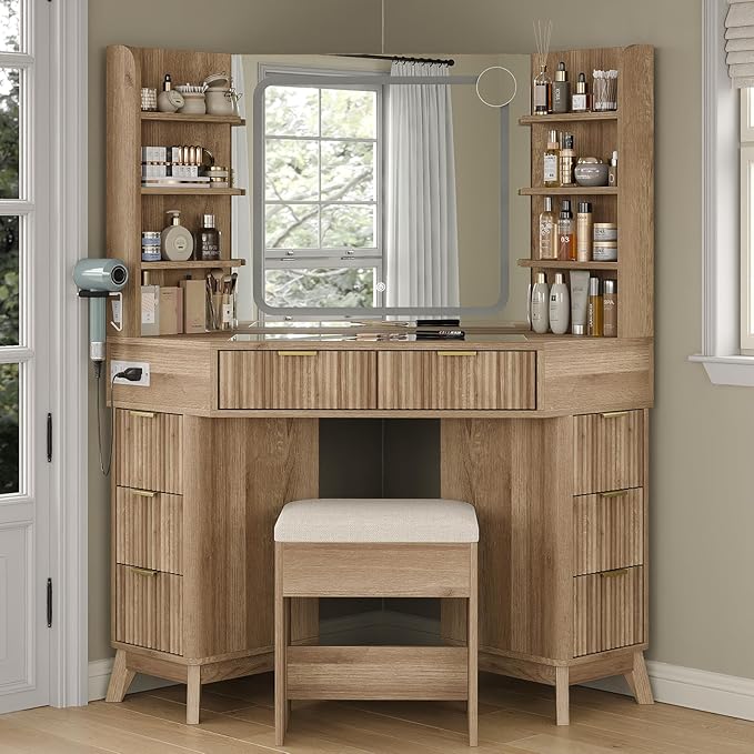 Yanosaku Corner Vanity Desk with Mirror and Lights, 8 Drawers & 6 Shelves, 47” Fluted Vanity with Charging Station, Glass Top, 3 Color Lighting Modes, Makeup Vanity with Chair for Bedroom, Oak
