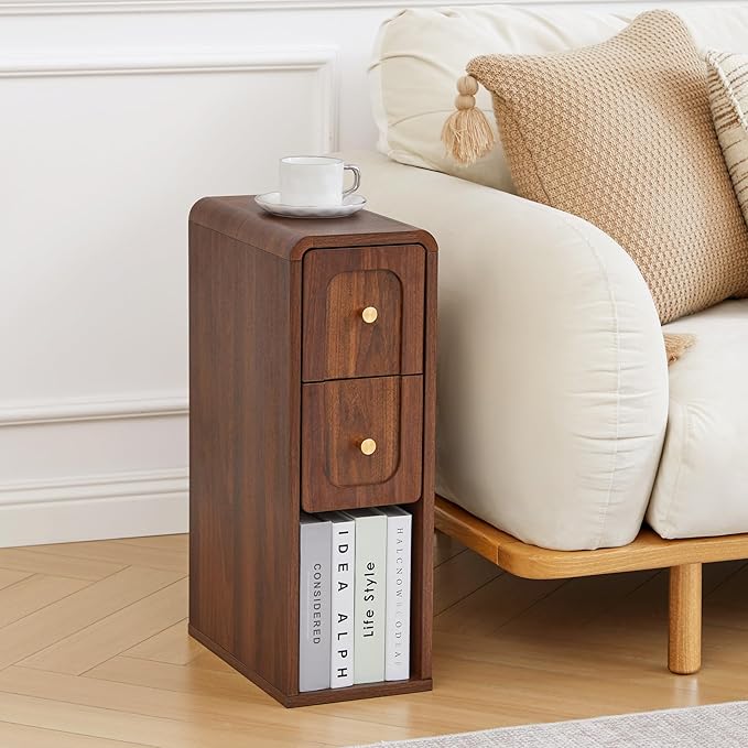 Narrow Nightstand with 2 Drawers, Small Bedside Tables, Mid-Century Modern Slim Night Stand with Storage, Wooden End Table for Small Spaces, Bedroom, Living Room (Walnut-1PCS)