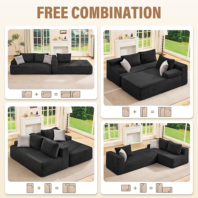 Hobestluk Modular Sectional Sofa Boneless Couch L-Shape Couch 3 Seat Modular Couch Memory Foam Sectional Couches for Living Room Furniture, Cloud Couch with Chaise Lounge (96" Right Facing Chaise)