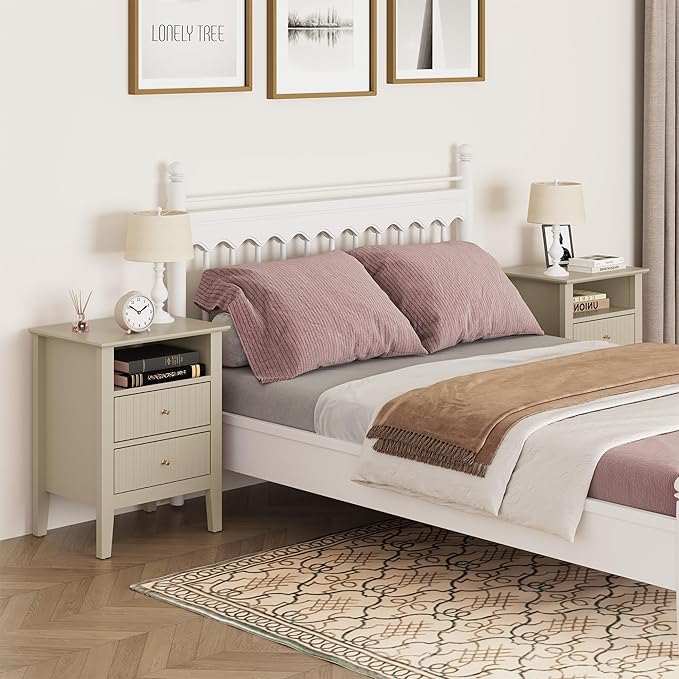 RoyalCraft Beige Fluted Nightstand Set of 2, Colorful Nightstand with 2 Drawers, Modern Wooden End Table with Storage for Small Spaces, Side Table for Bedroom, Couch, Home Office