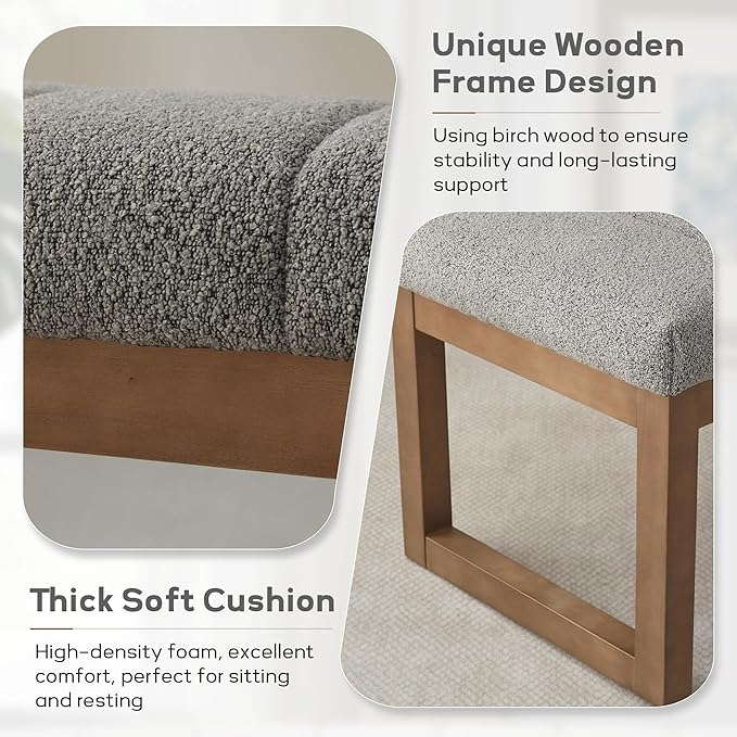 Zihanhome 52.7" Bedroom Bench for End of Bed, Modern Upholstered Teddy Fabric Entryway Bench & Dining Bench, Footrest Stool Bench with Solid Wood Frame for Bedroom, Living Room (Light Grey)