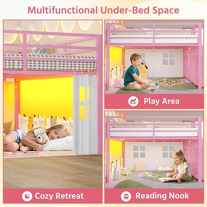 Dnxao Low Loft Bed Full Size with 9 Drawers and 2 Bookcases, Full Size Loft Bed with Charging Station & LED Lights, 15" H Safety Guardrail Metal, Under-Bed Play Space,Pink