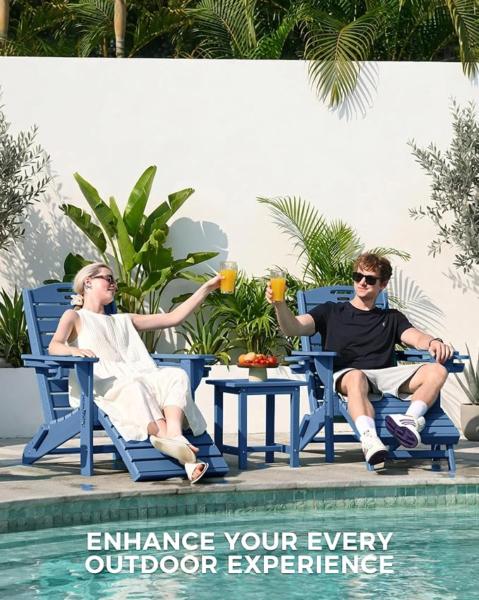 Folding Adirondack Chair with Retractable Ottoman Weather Resistant Fire Pit Chair Patio Chair with 2 Cup Holder Lawn Outdoor Lounge Chair (Navy Blue)
