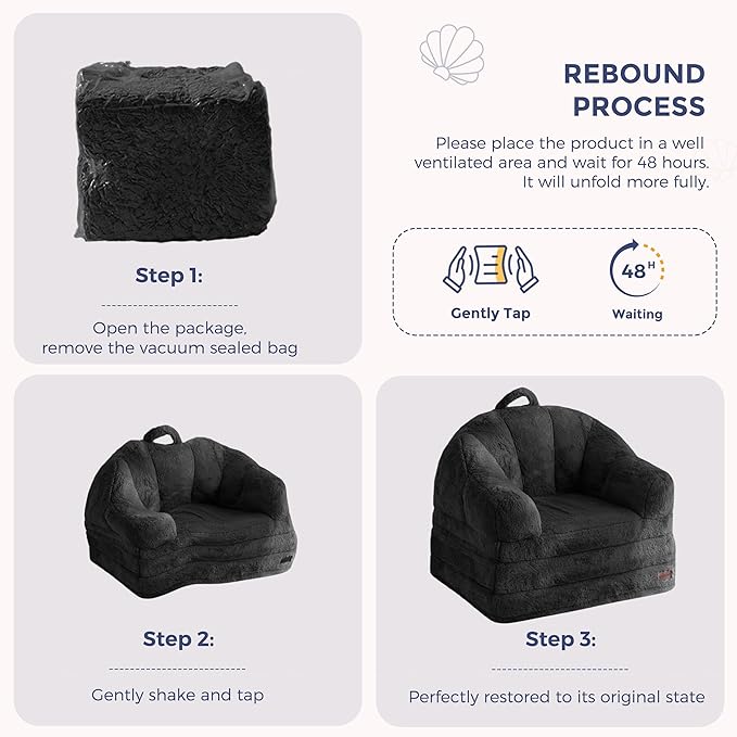 MAXYOYO Folding Sofa Bed, 2 in 1 Convertible Sofa to Lounger Comfy Single Bean Bag Chair for Adults, Floor Sleeper Couch with Handle, Faux Fur Couch Bed for Living Room Bedroom, Black