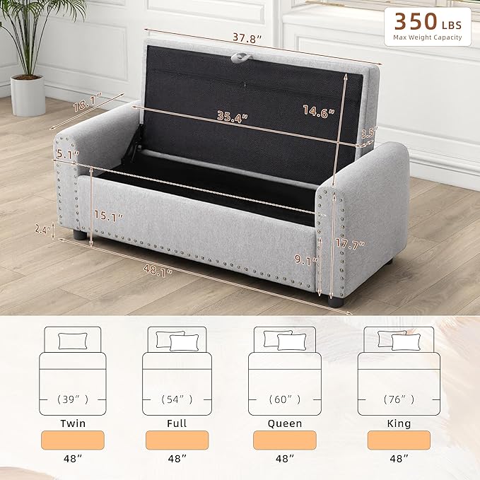 48" Ottoman with Storage, Tufted Storage Ottoman Bench, Convenient Living Room Fabrics Bench Seat, Entryway Shoe Benches with Inner Zipper&Arm, Upholstered Window Seat Ottomans with Rivets, Light Grey