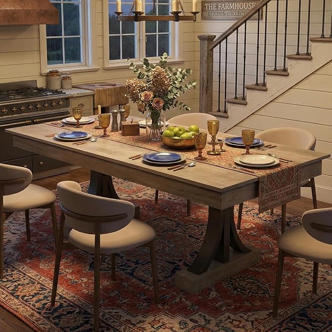 Garvee 71-Inch Dining Table with 2 Drawers,Rectangular Dining Table for 6-8 with Double Pedestal & Sturdy Frame, Industrial Wooden Kitchen Table with Large Tabletop, for Dinner, Rustic Gray