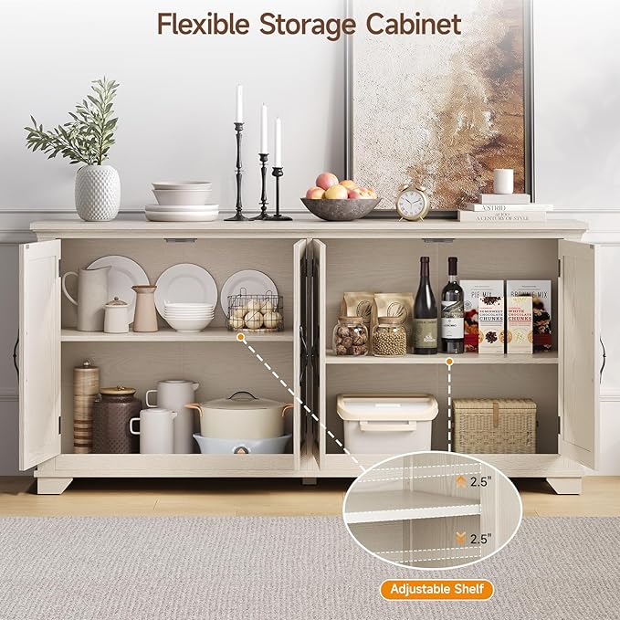 ONBRILL 63 Inch Buffet Cabinet with Storage, Large Sideboard Cabinet with 4 Carved Doors, Modern Credenza Storage Cabinets w/Adjustable Shelves for Kitchen, Living Room, Off White