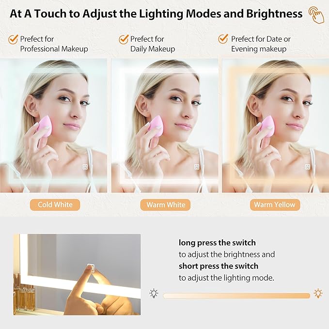 ANWBROAD Vanity Desk Table with Lighted Mirror 39.4“ Girls Makeup Vanity with Power Outlet 3 Colors Lighting Adjustable Brightness Vanity Table for Women Bedroom Dressing Room White UBDT65W