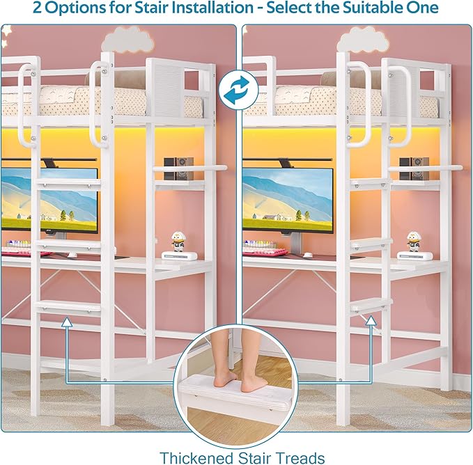 busyaeh Loft Bed with Desk,Twin Loft Bed with Desk & LED Lights and Charging Station,Bunk Bed with Desk & 5 Large Drawer Cabinets and 2 Open Shelves,Loft Bed Twin Size with Safety Guard Ladder,White