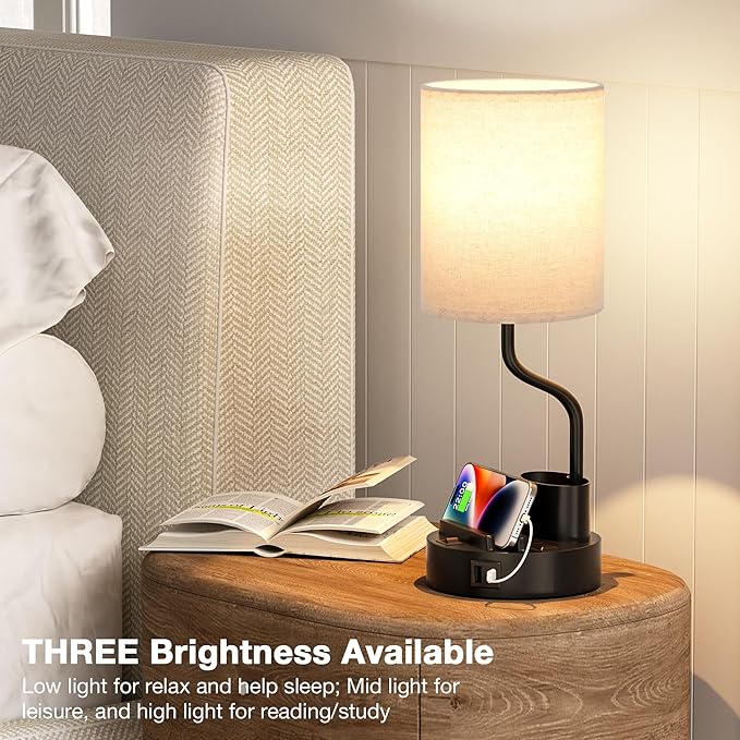 Bedside Table Lamps for Bedroom Set of 2 - Nightstand Light with AC Outlet and USB A & C for Charging, 3 Color Temperatures, Study Desk Lamp with Pen Holder & Phone Stand for Living Room/Dorm/Office