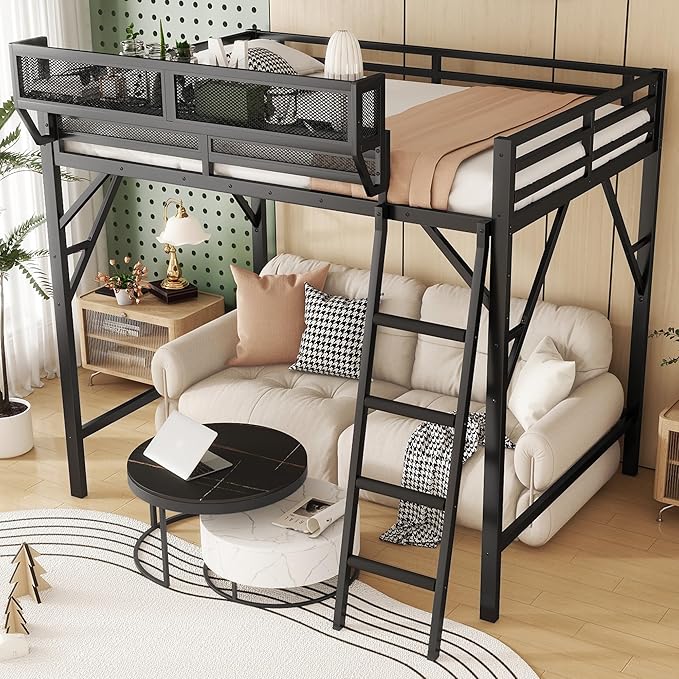 KEIKI Queen Size Metal Loft Bed Frame with Ladder and Built-in Storage Shelves, for Teens, Modern Style Loft Bed with Solid Slats, Guardrail, No Box Spring Required, Easy Assembly, for Bedroom, Black