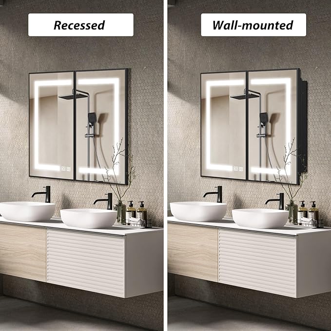 APRILSOUL 40x32 Inch Lighted Bathroom Medicine Cabinet with Mirror, Black Recessed or Surface Mount Medicine Cabinet Mirror with Storage and LED Lights, 3 Colors Temperature, Dimmable Light