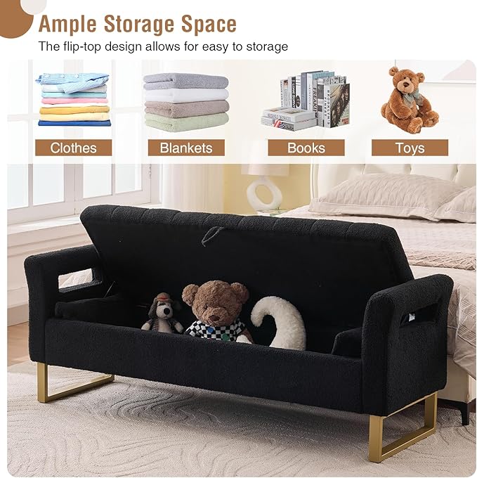 66'' Storage Bench for Bedroom End of Bed King Size, Long Bedroom Benches for Foot of Bed with Gold Legs, Comfy Bed Bench with Storage, Pillows for Entryway, Windows, Black Teddy