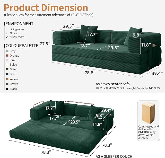 78.8" Convertible Sofa Bed with Armrest Pillow, 4-in-1 Sleeper Couch Bed for Livingroom, Modular Corduroy Boneless couches, No Assembly (Emerald Green)