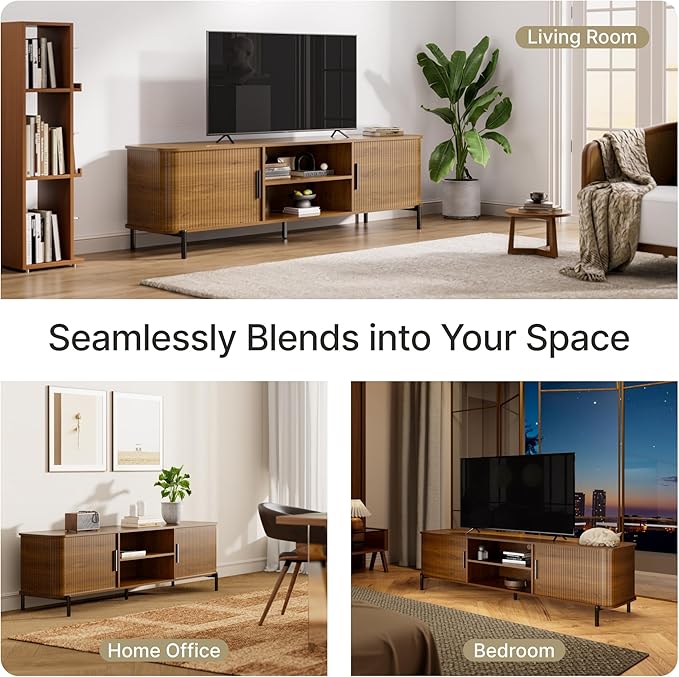 SUNCOZE 70" Mid-Century Fluted TV Stand with Storage, Modern Entertainment Centerfor TVs up to 80 Inch with Sliding Tambour Doors & Open Shelves, Media Console for Living Room or Bedroom (Walnut)