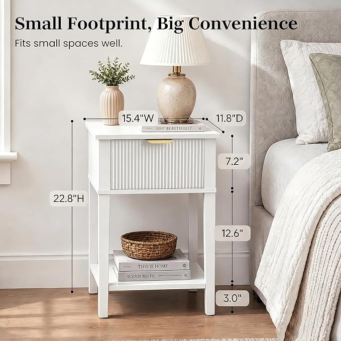 Modern Fluted Small Wood Nightstand, 11.8" Deep x 15.4" Narrow Bedside Table with Drawer & Open Shelf, Farmhouse Chic Accent Side Table for Bedroom & Sofa - White