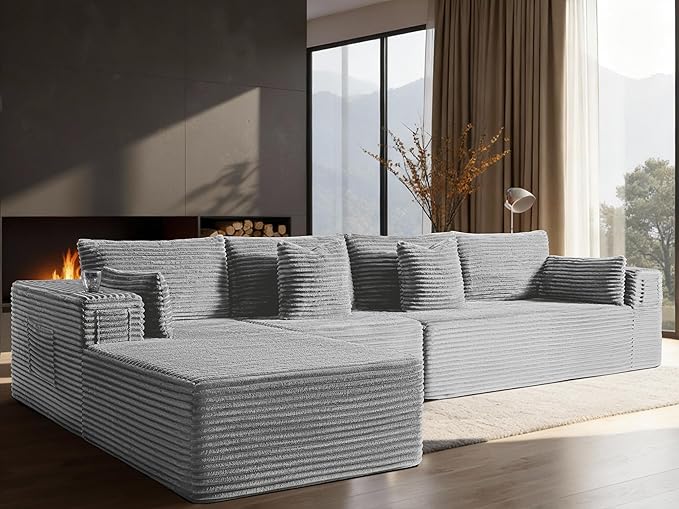 138" Oversized Cloud Sectional Couch, Comfort L Shaped Boneless Couch for Living Room, Extra Deep Seats No Assembly, Minimalist Modular Sofa, Corduroy (Light Grey, 3 Seater+Left Facing Chaise)