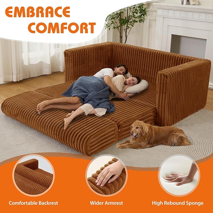 HABUTWAY 49.8" Loveseat Boneless Couch, 4-in-1 Convertible Sofa Bed, Plush Fur Folding Futon Sofa Bed Couches Without Pillow for Living Room, High-Density Foam Support, No Assembly Required, Orange