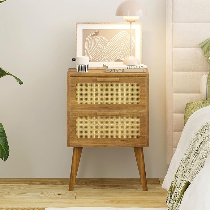 YAUKOMEL Rattan Nightstand, Wood End Table, Side Table with 2 Hand Made Rattan Decorated Drawers,Boho Bedside Table,Wood Accent Table with Storage for Livingroom, Bedroom, Toffee Wood CTG59T