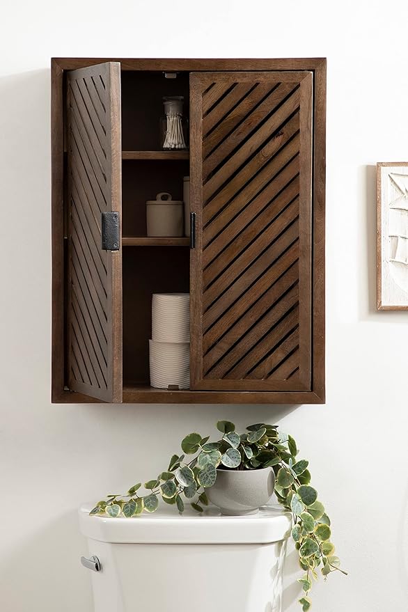 Kate and Laurel Mezzeta Decorative Modern Two-Door Floating Bathroom Cabinet; 28 x 22 x 7; Natural Wood; Decorative Over Toilet Storage Cabinet Made from Solid Mango Wood with Slatted Chevron Design