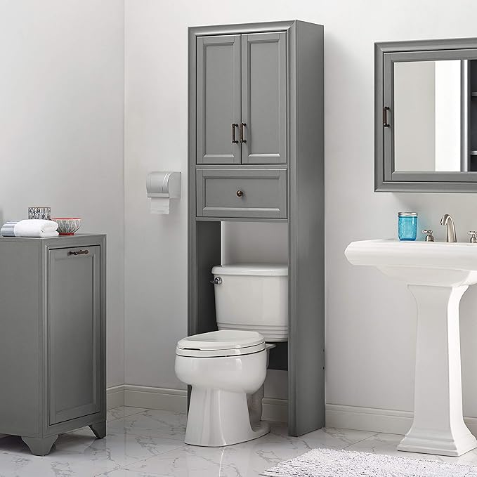 Crosley Furniture Tara Over The Toilet Storage Cabinet and Bathroom Organizer with a Drawer and Shelves, Vintage Gray