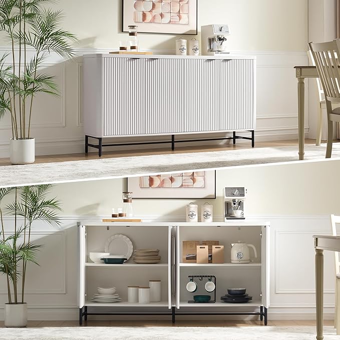 Fatmok 65" Buffet Cabinet with Storage, Fluted Credenza Sideboard with 4 Doors & Adjustable Shelves, Large Coffee Bar Console Table for Dining Room, Living Room, Entryway, White