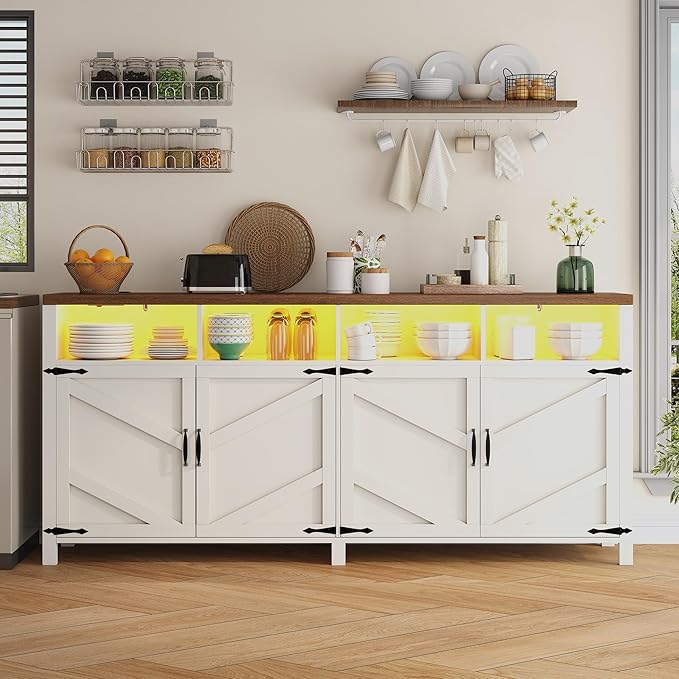 knoworld 63'' Buffet Sideboard with Storage with Power Outlets & LED Light 4 Doors, Large Farmhouse Kitchen Storage Cabinet Wood Coffee Bar Cabinet Buffet Table for Kitchen, Dining Room, Entryway