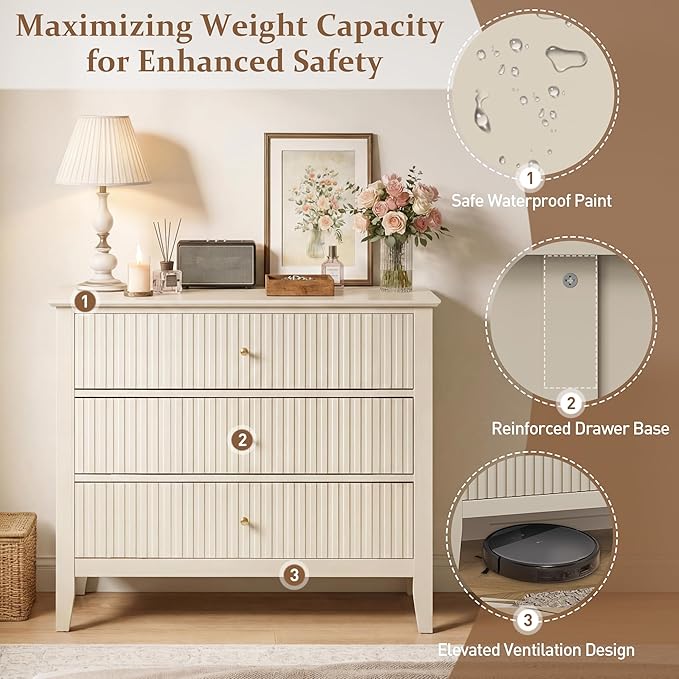 RoyalCraft 32" Large Nightstand, Fluted Painted Bedside Table with 3 Spacious Drawers, Modern Tall End Table for Bedroom, Beige