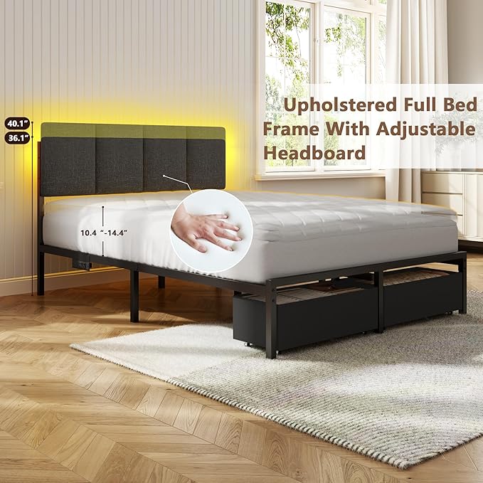 Furnulem Full Size Bed Frame with Headboard, Upholstered Full Bed Frame with LED Light, USB Charging Station, Platform Bedframe with 2 Fabric Underbed Storage Drawers, No Spring Box Needed