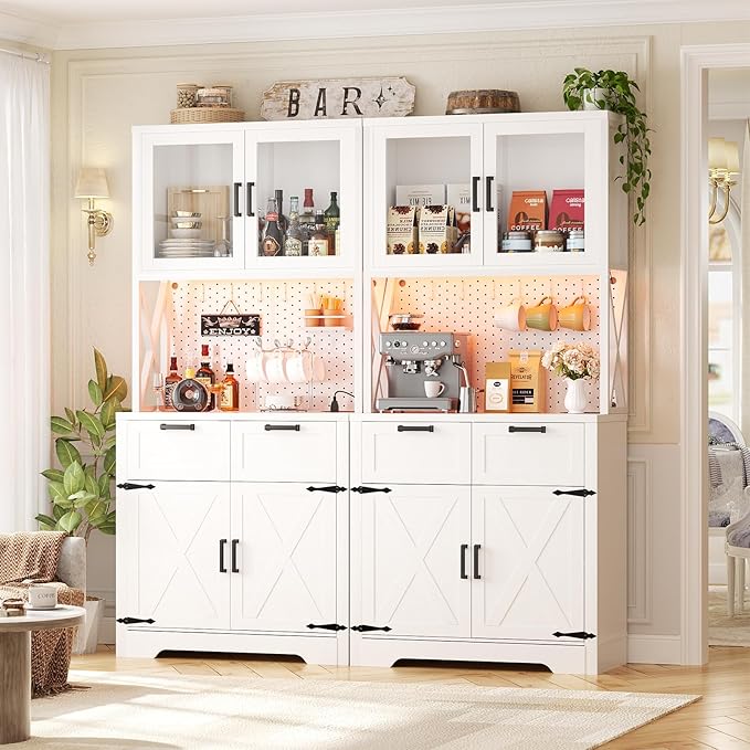 Unikito 71" Pantry Cabinet with LED Light & Outlet, Tall Kitchen Pantry Storage Cabinet with Microwave Stand, DIY Pegboard, Drawers and Adjustable Shelf, Farmhouse Kitchen Hutch for Dining Room, White