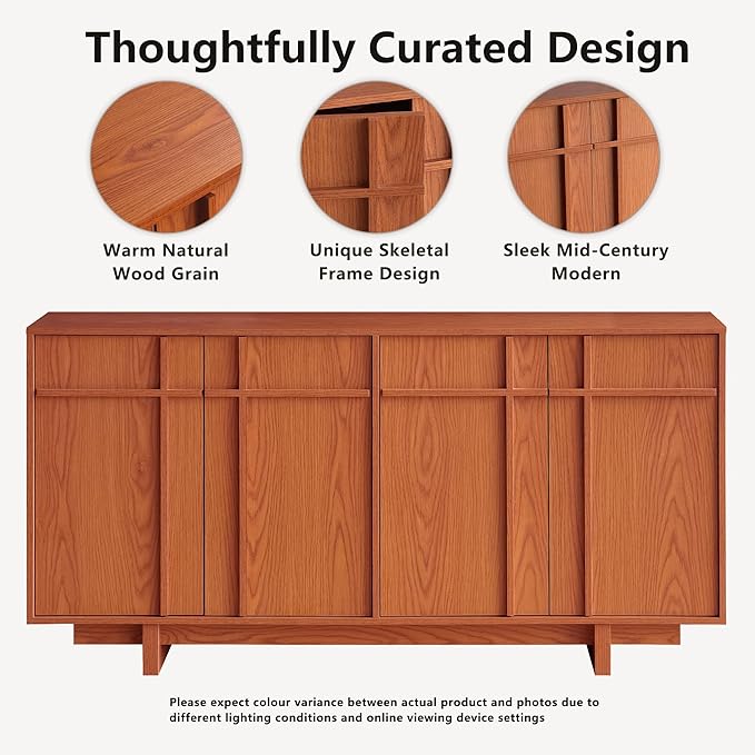 Sideboard Buffet Cabinet with Storage, Mid Century Modern Accent Cabinet with Skeleton Line & Wood Grain Texture, 63" Minimalist Credenza for Living Room Kitchen Dining Room Entryway, Walnut